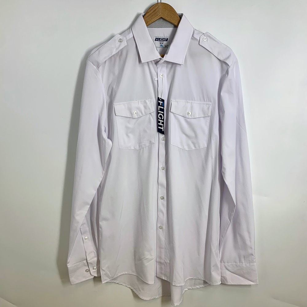 FLIGHT Mens White Slim Fit Long Sleeve Button‎ Up Shirt XL Pilot Uniform